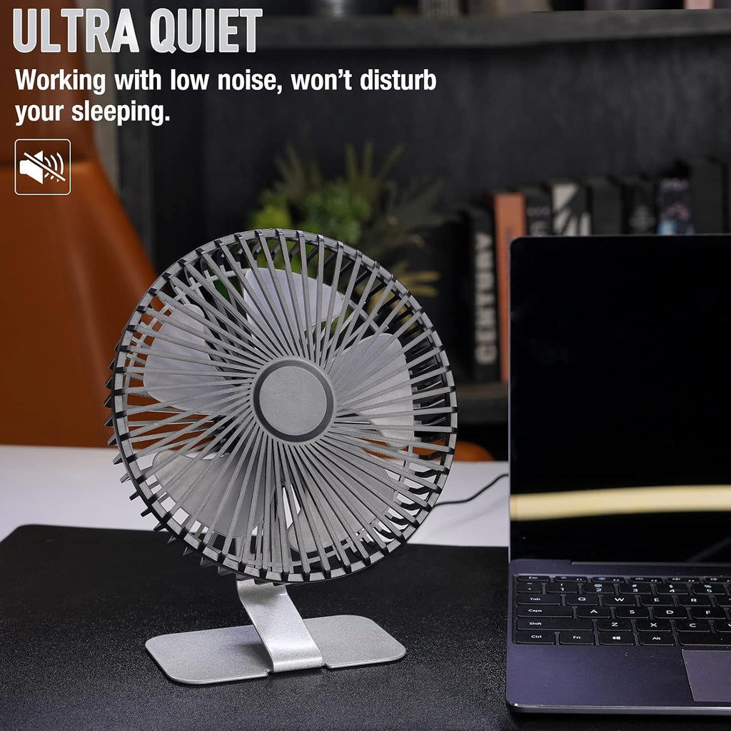 SLENPET USB Mini Desk Fan - 6 Inch Ultra-Quiet Portable Fan with 4 Speeds & 90° Adjustment - Silver