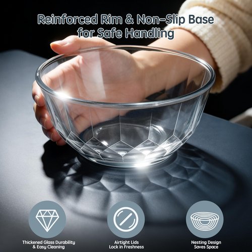 ENVTEK Thick Glass Mixing Bowls with Airtight Lids Set, 5-Piece Nesting Bowls for Baking & Meal Prep, BPA Free, Dishwasher Safe, 0.5/0.8/1.6/2.7/4.4 Quart - Gray
