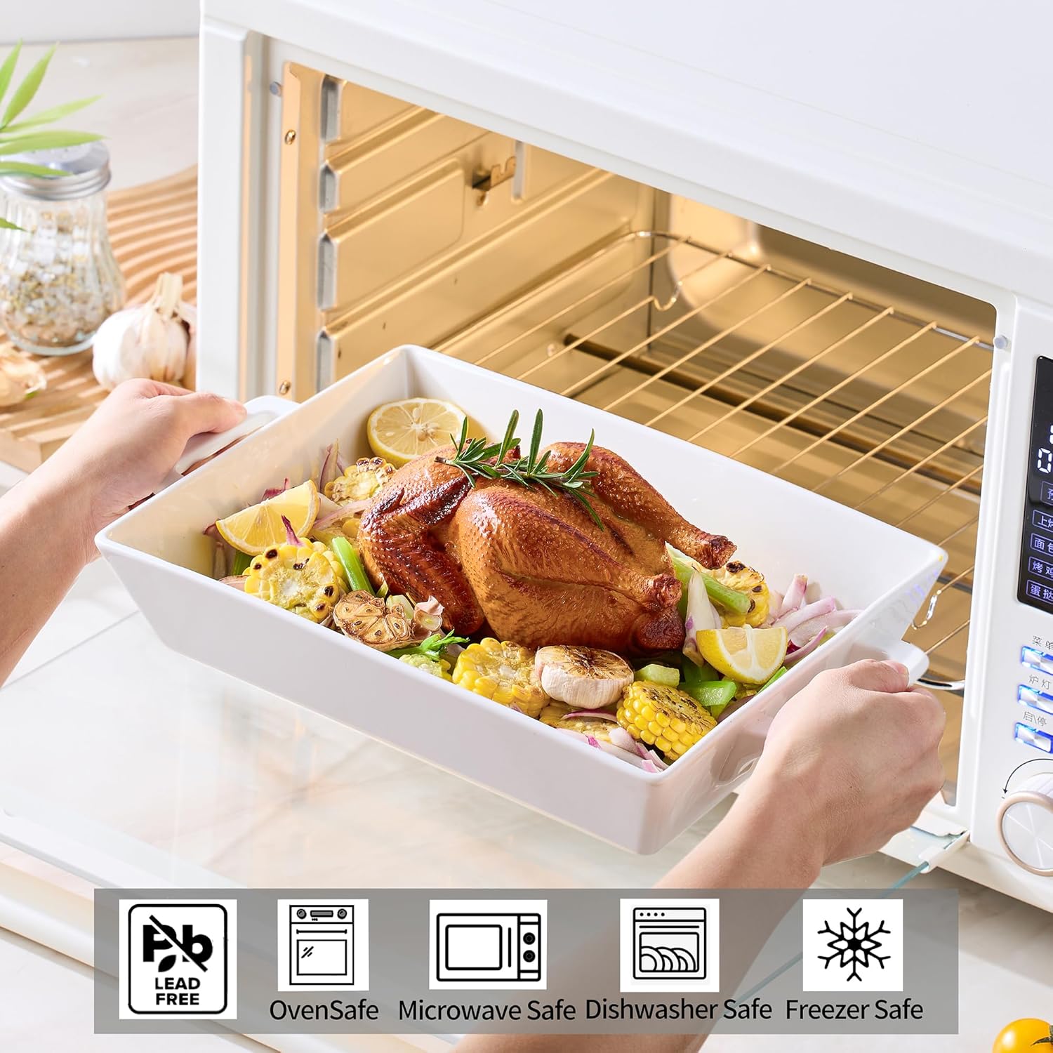 Regine Switzerland 4.6 Qt Large Rectangular Ceramic Baking Dish - 14x10 Inch Casserole Pan with Handles for Oven, Microwave, and Dishwasher Safe Use