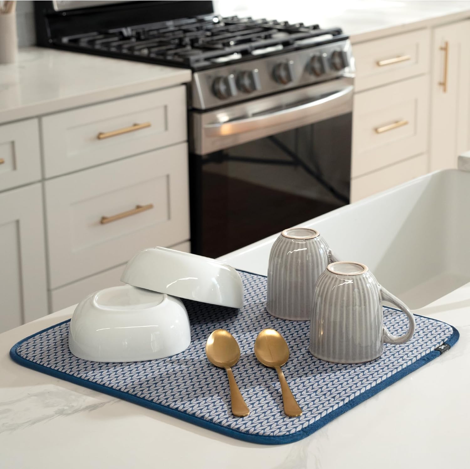 S&T INC. Dish Drying Mat - Absorbent Microfiber Kitchen Counter Pad | 16” x 18” | Large Blue