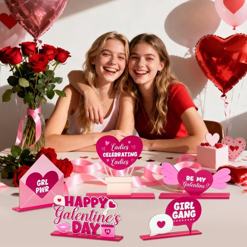 A1diee Galentine's Day Wooden Table Signs Decor- 5Pcs Pink Heart Tiered Tray Centerpieces, Cute Valentine's Day Love Letter Freestanding Table Decoration Signs for Home Happy Galentine Party Birthday