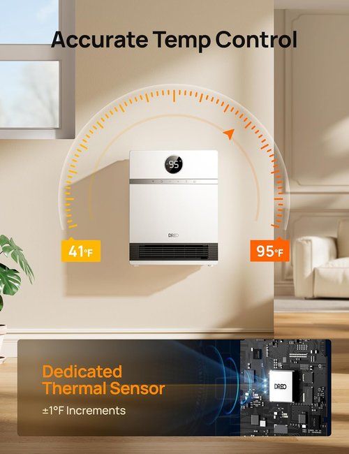 DREO Smart Wall Heater - IP24 Electric PTC Space Heater with 30° Oscillation & Remote Control | Ideal for Home & Office