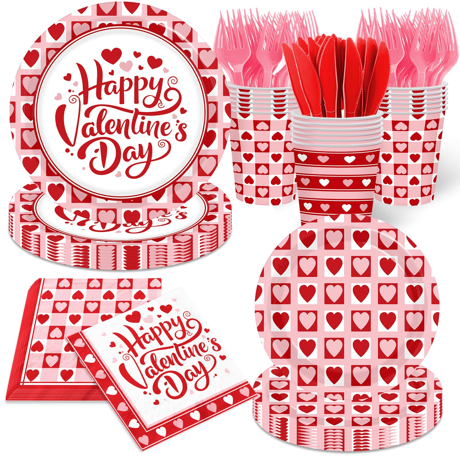144Pcs Valentine's Day Party Plates and Napkins,Valentines Day Party Supplies Red Pink Love Heart Valentines Day Theme Tableware Set for Valentine Birthday Wedding Serve 24