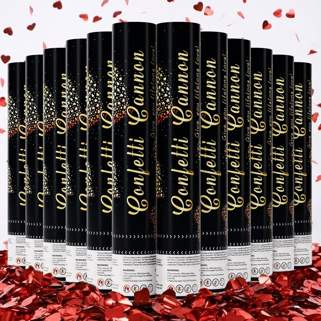 Red Heart Confetti Cannons 12 Pack, 12" Romantic Party Poppers with Metallic & Tissue Red Confetti for Valentine’s Day, Engagement, Wedding, Anniversary, Bridal Shower & Bachelorette Celebrations