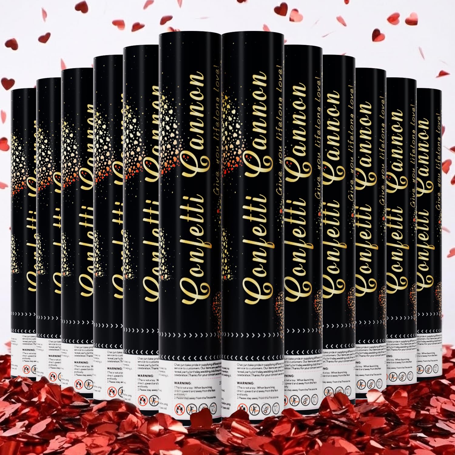 Red Heart Confetti Cannons 12 Pack, 12" Romantic Party Poppers with Metallic & Tissue Red Confetti for Valentine’s Day, Engagement, Wedding, Anniversary, Bridal Shower & Bachelorette Celebrations