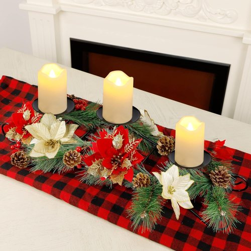 Joliyoou Christmas Tabletop Centerpiece - 17.5" Poinsettia Candle Holder with 3 Battery-Operated Lights