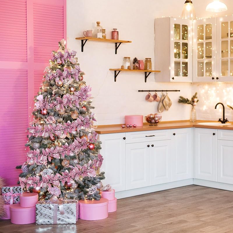 6ft Christmas Glitter Berry Garland with Lights - Pink Holly Leaves Decor