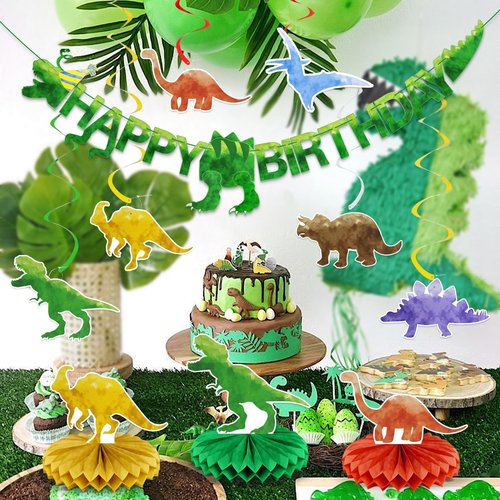 Pre-Strung Dinosaur Birthday Decorations - Dinosaur Happy Birthday Banner,Party Decorations for Boys Girls Kids,Dino Theme Hanging Swirl, Honeycomb Centerpiece Table Decor