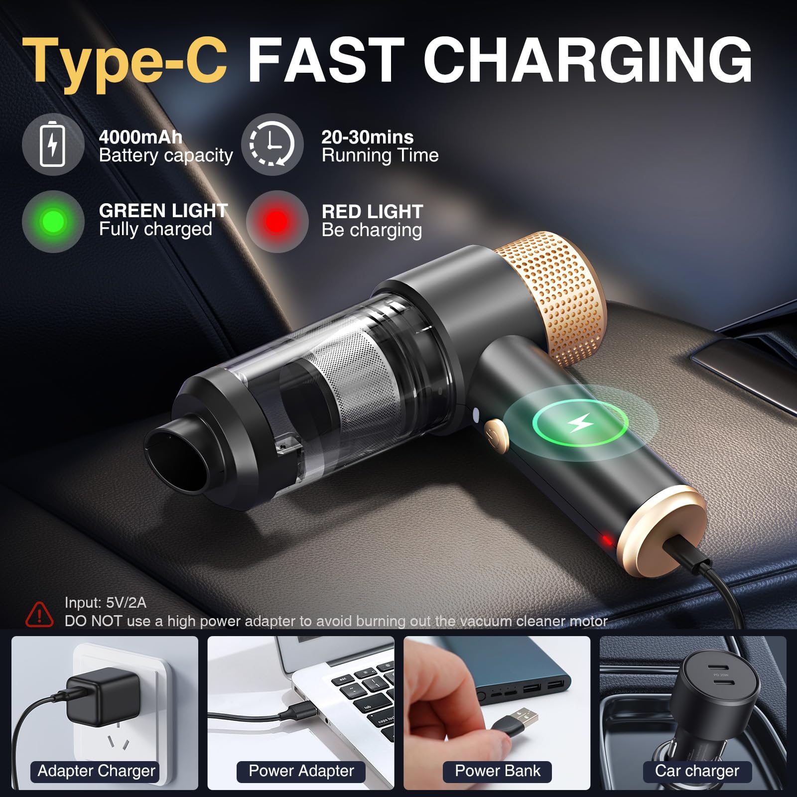 Dealswin Handheld Vacuum Cleaner Cordless, 4 in 1 Car Vacuum Cleaner Portable Air Duster with LED Light Multi-Nozzles 15000Pa Hand held Vacuum for Car Home Office Pet (Black)