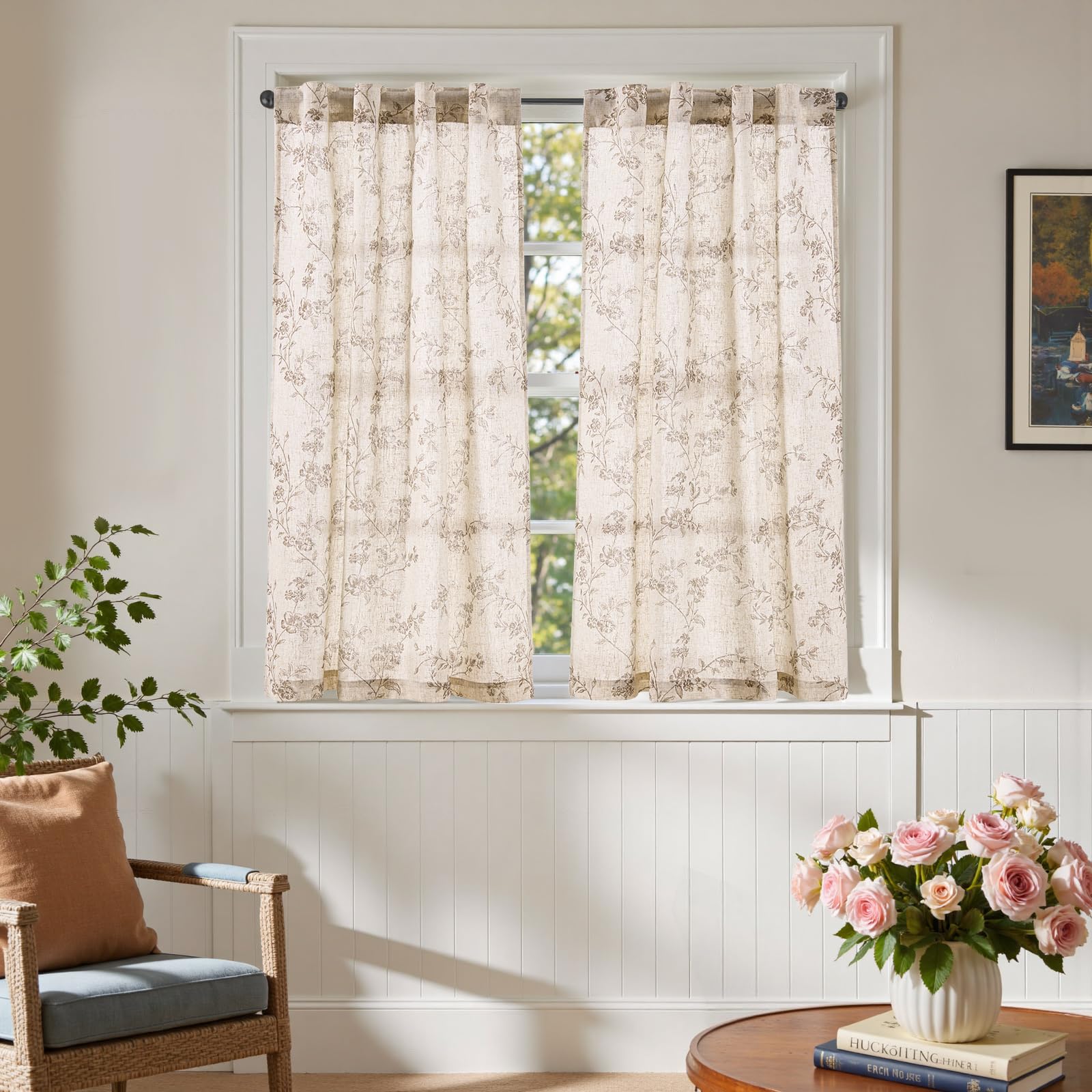 jinchan Floral Kitchen Curtains 45 Inch Linen Tier Curtains Farmhouse Cafe Half Window Drapes for Small Windows Light Filtering Taupe on Beige for Living Room Bathroom Back Tab 2 Panels