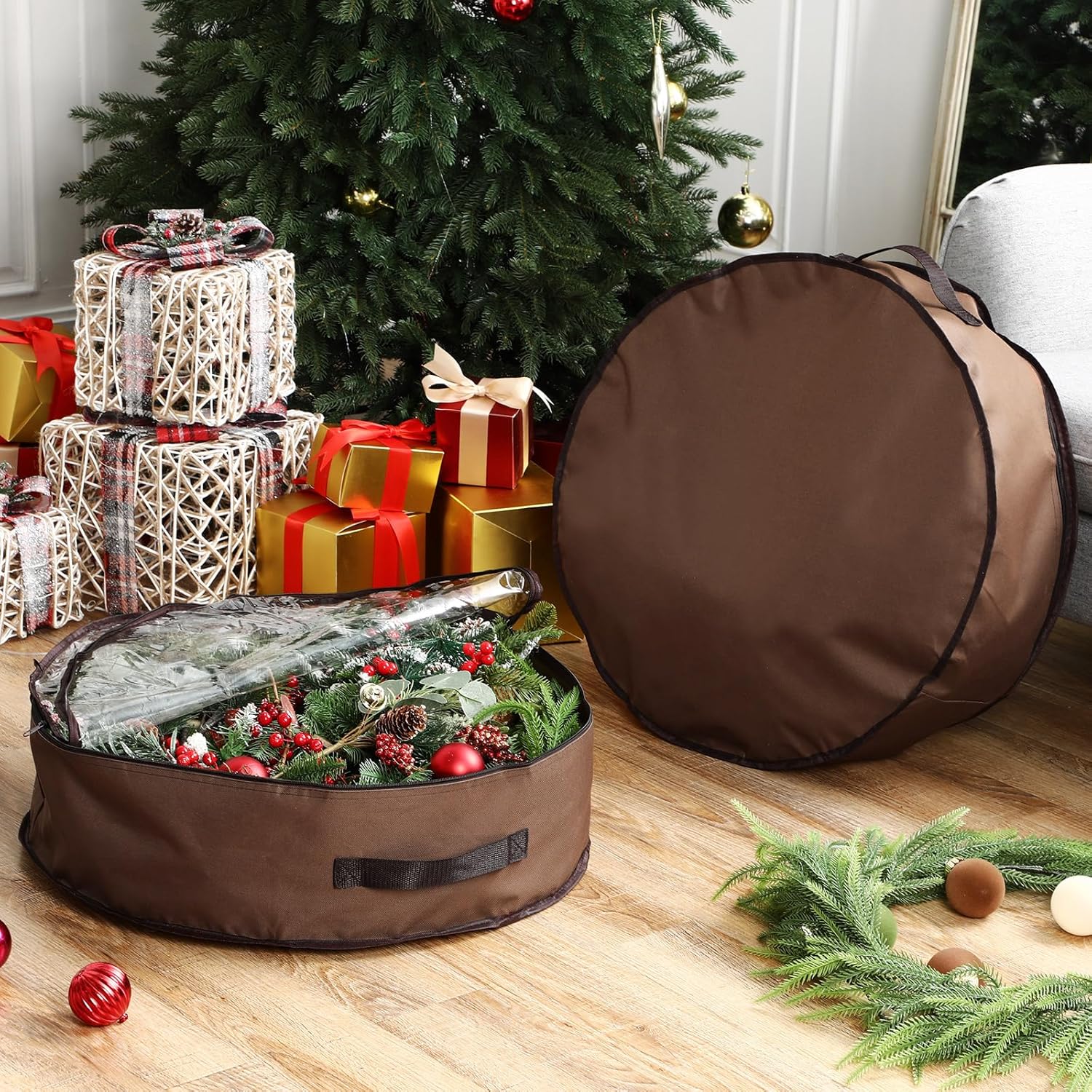Skiennix Wreath Storage Container - 36 Inch Christmas Wreath Box with Clear Window & Handles, Brown