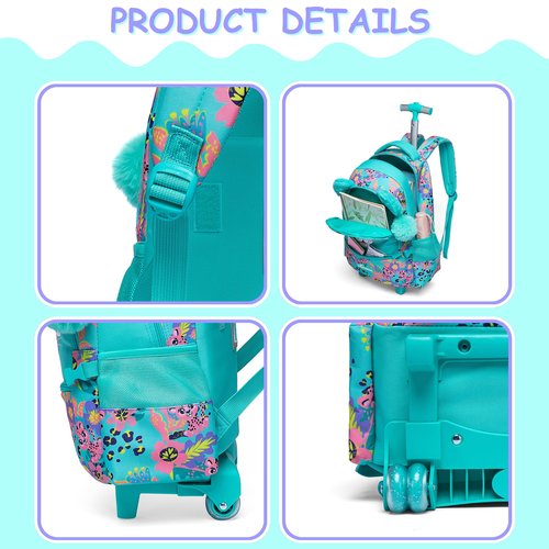 ZBAOGTW Backpack with Wheels for Kids Rolling Backpack for Girls 8-12 Roller Backpacks for Girls Cute Kawaii with Lunch Box Pencil Case Back to School Supplies