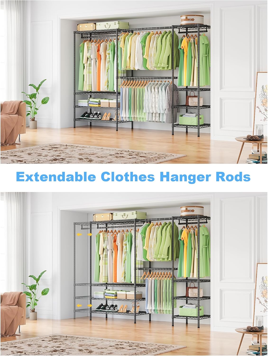Ulif E11 Heavy-Duty Garment Rack - Metal Freestanding Clothes Organizer with 8 Shelves & 4 Hanger Rods | Black, 71.2" H
