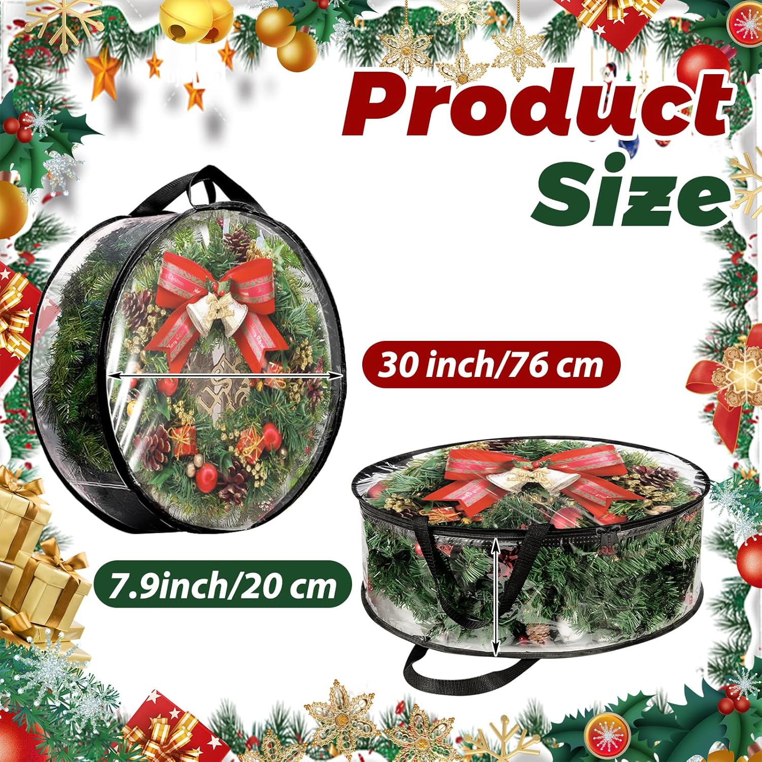 YAYODS Wreath Storage Bag - Heavy Duty 30 Inch Christmas Container with Clear Window | Black 4 Pack