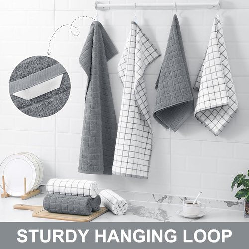 Homaxy Premium Cotton Kitchen Towels - Super Absorbent 390 GSM Dish Towels | 16"x28", Grey Check, 6 Pack