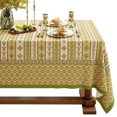 Livebee Floral Striped Block Print Tablecloth Rectangular, Farmhouse Linen Olive Green Table Cloth Heavy Weight Washable Table Cover for Spring Dining Party, 63x106''