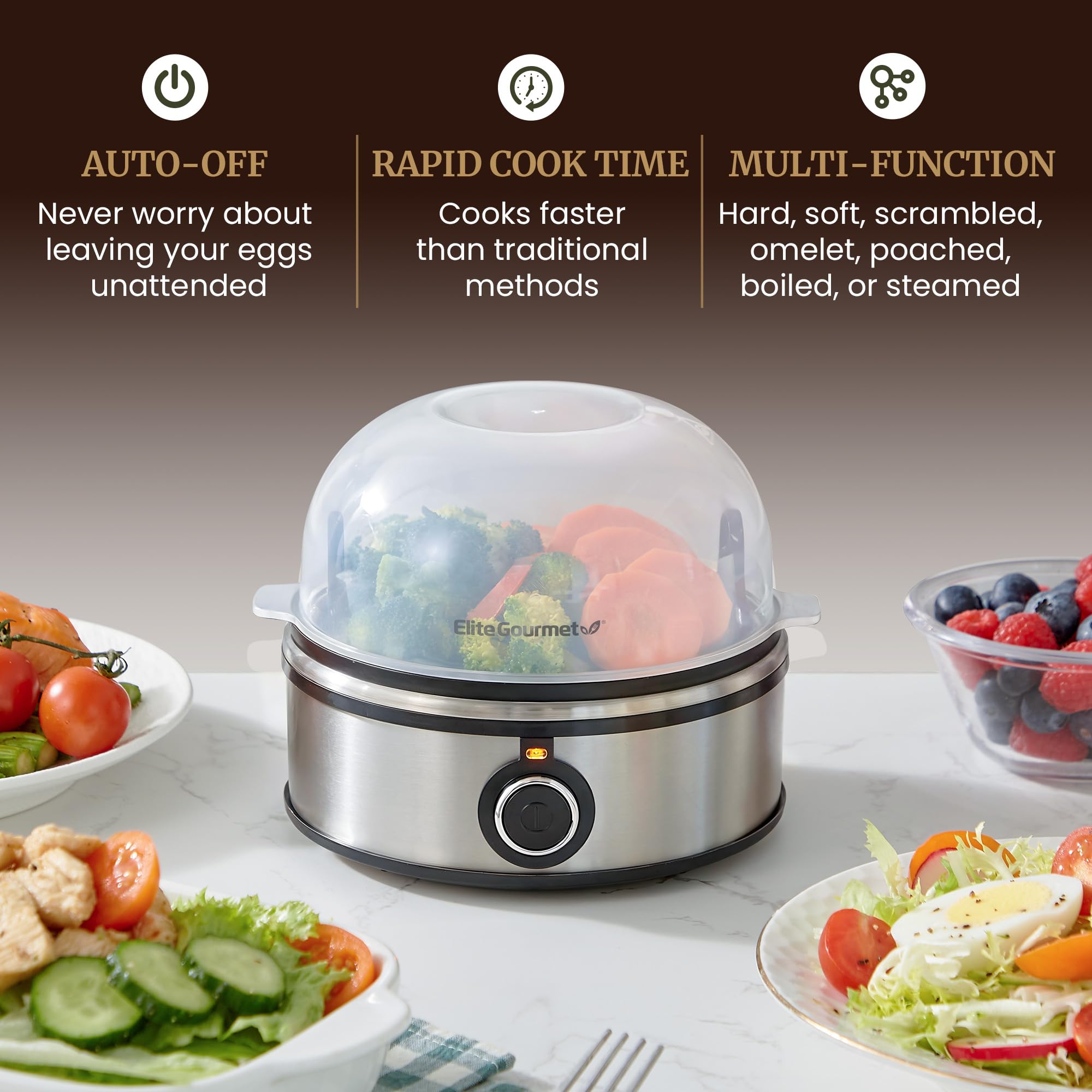 Elite Gourmet EGC855SS Easy Egg Cooker, 7-Egg Capacity, Soft, Medium, Hard-Boiled, Omelets, Poached Eggs, Plays Melody when Done, Auto Shut-Off, Measuring Cup, Stainless Steel