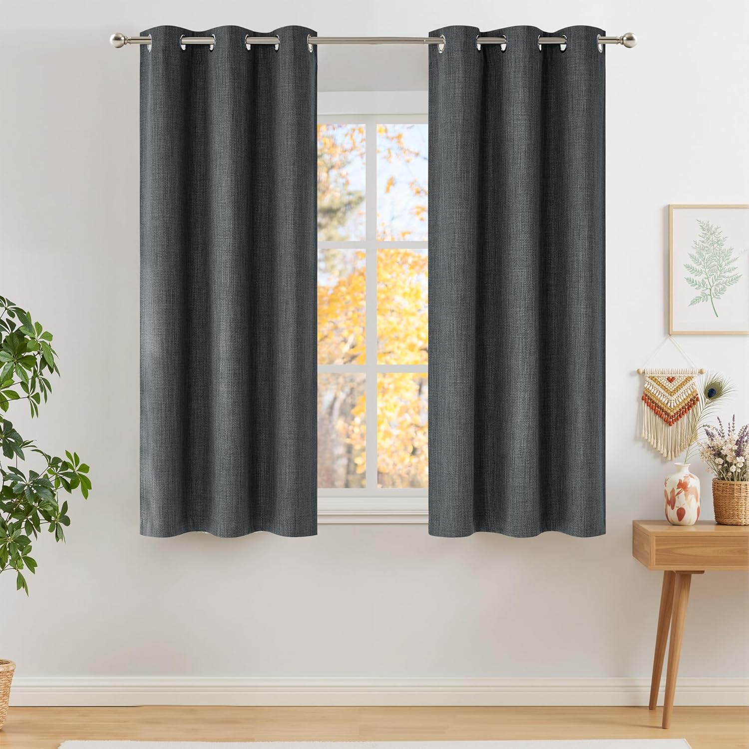NICETOWN Blackout Curtains - Charcoal Gray Faux Linen Privacy Panels, 63" Long | Modern Farmhouse Style, 2 Panels