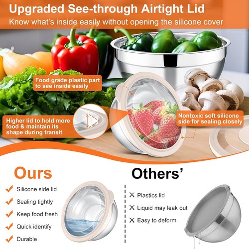 E-far Stainless Steel Mixing Bowls Set of 5 - Transparent Lids & 3 Graters for Kitchen Prep | Khaki
