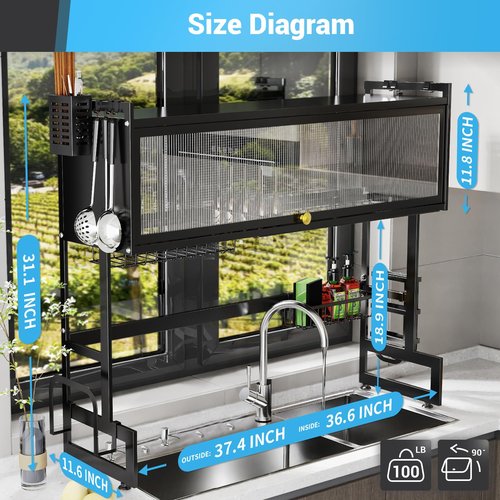 AIZOE Over The Sink Dish Drainer Drying Rack, 37.4 inch, Kitchen Supplies for Kitchen Counter Multiple Dishes Flatware & Utensil Holder, Black