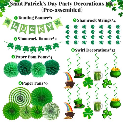 Butie 41 Pcs St Patricks Day Decorations, Pre-Assembled Shamrock Banner Garland, Hanging Swirls, Paper Fans & Pompoms for Office & Home Wall Door, Irish Party Supplies