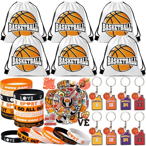 SNLN 12 Sets Basketball Party Favors Basketball Goodie Bags for Boys Includes Drawstring Bag Silicone Bracelet Keychain Tattoo Sticker for Sports Goodie Bags Basketball Birthday Party Supplies Decor