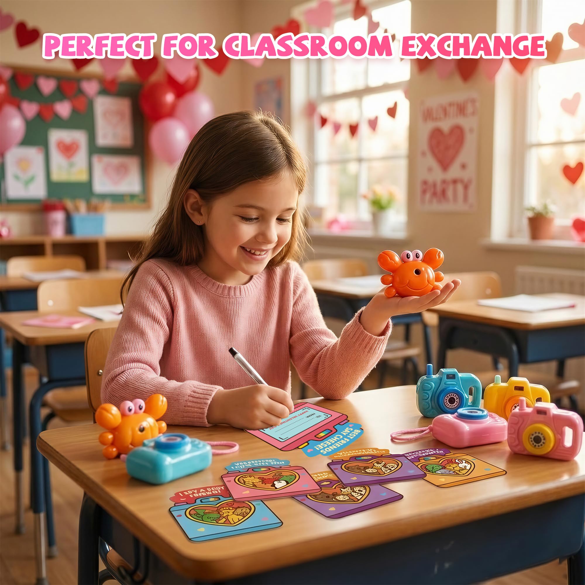 Valentines Day Cards for Kids School – 28 Pack Kids Viewfinder Toy Cameras with Greeting Cards, Classroom Exchange Valentine Gifts for Boys and Girls, Cards + Toys Bulk Set for School Valentine Party