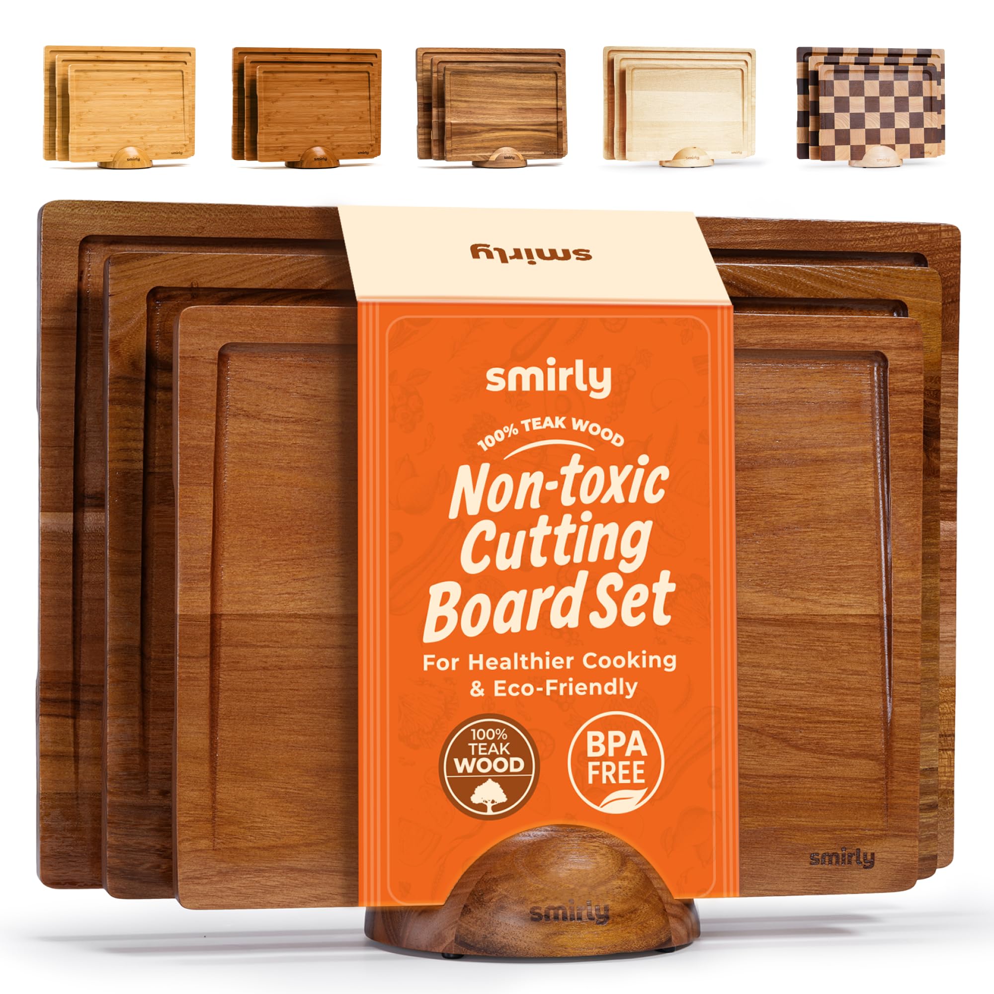 SMIRLY Wood Cutting Boards for Kitchen Wooden Chopping Board Set Reversible with Deep Juice Grooves Grip Handles, Large Charcuterie Tray, Ideal for Chopping Meat Vegetables Teak Wood, 3Pcs with Holder