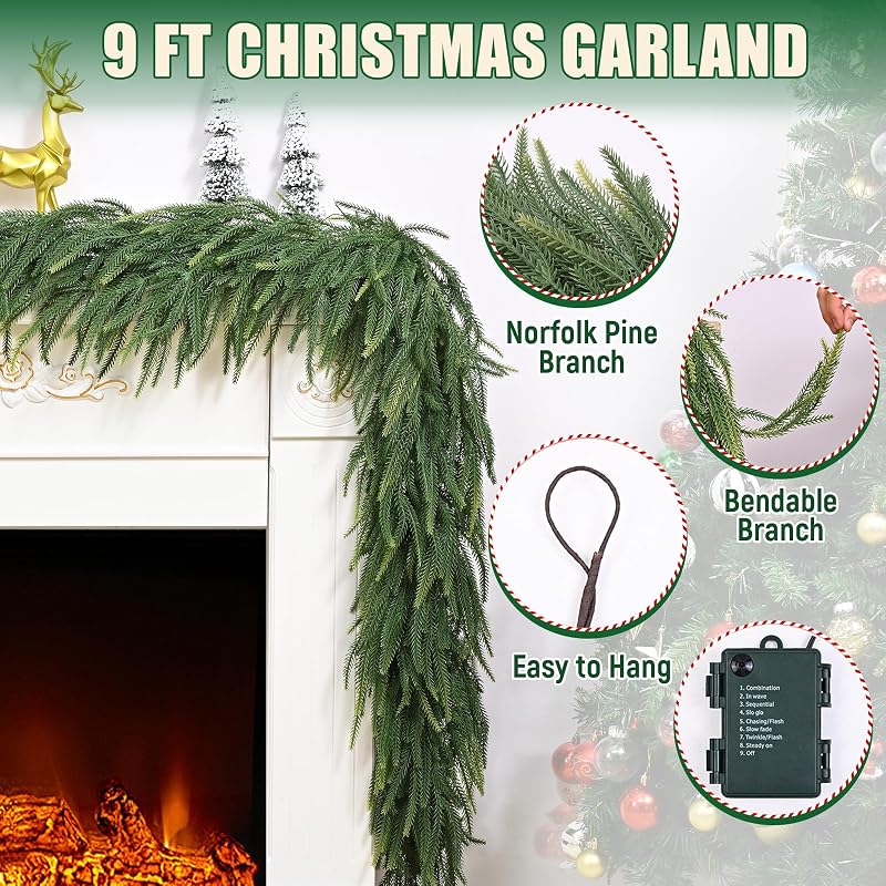 9 ft Cedar Garland with Lights - Realistic Norfolk Pine Christmas Wreath & Decoration