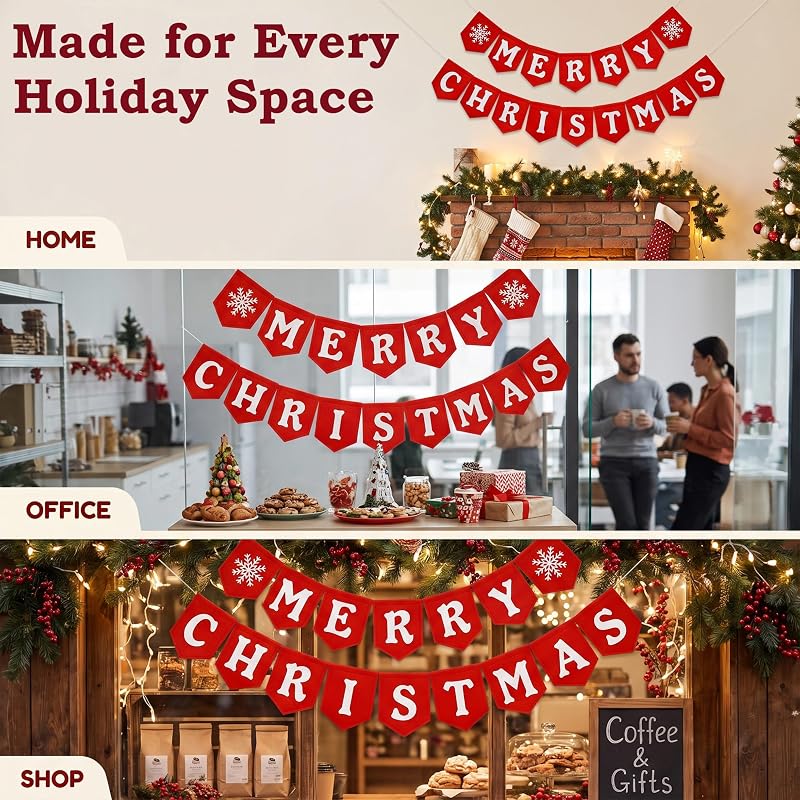Merry Christmas Banner - Red White Felt Indoor Wall Sign, Ready-to-Hang (Variation: Red White)