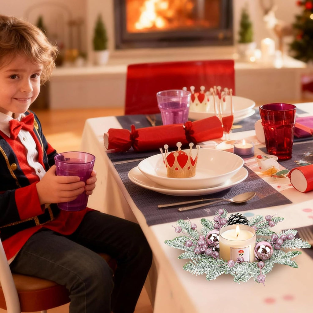 Pink Christmas Candle Rings - 8-Inch Small Wreaths with Pine Cones, Berries & Pine Needles for Holiday Decor