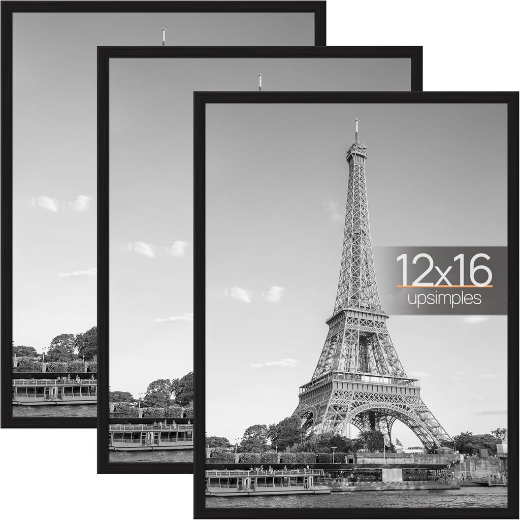 Upsimples 12x16 Picture Frame - Scratch-Proof Black Poster Frames for Photo Gallery | 3 Pack, Slide-In Strips