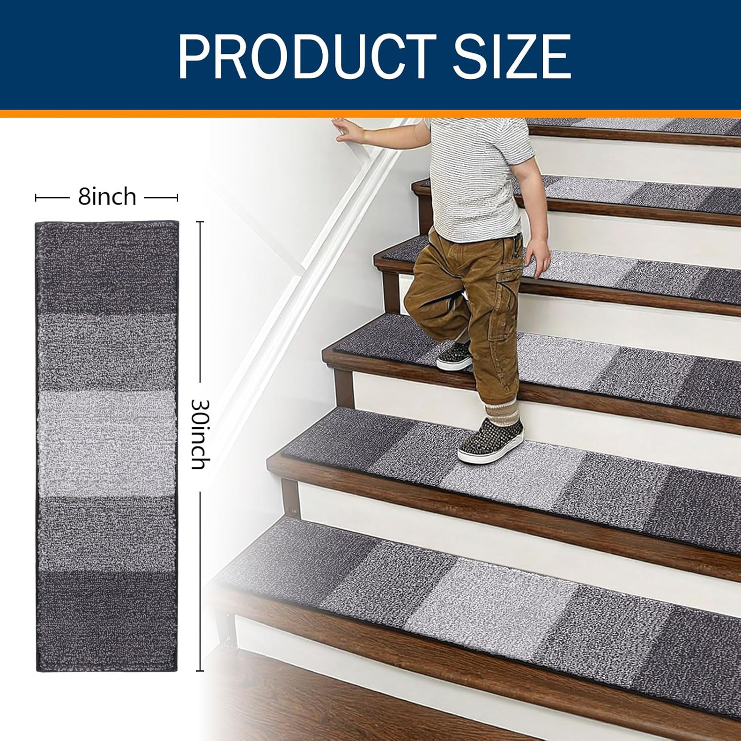 OLANLY Non-Slip Stair Treads - 15PCS Indoor Stair Runners for Wooden Steps | 8" x 30" Grey Edging Rugs with Reusable Peel and Stick Adhesive for Safety