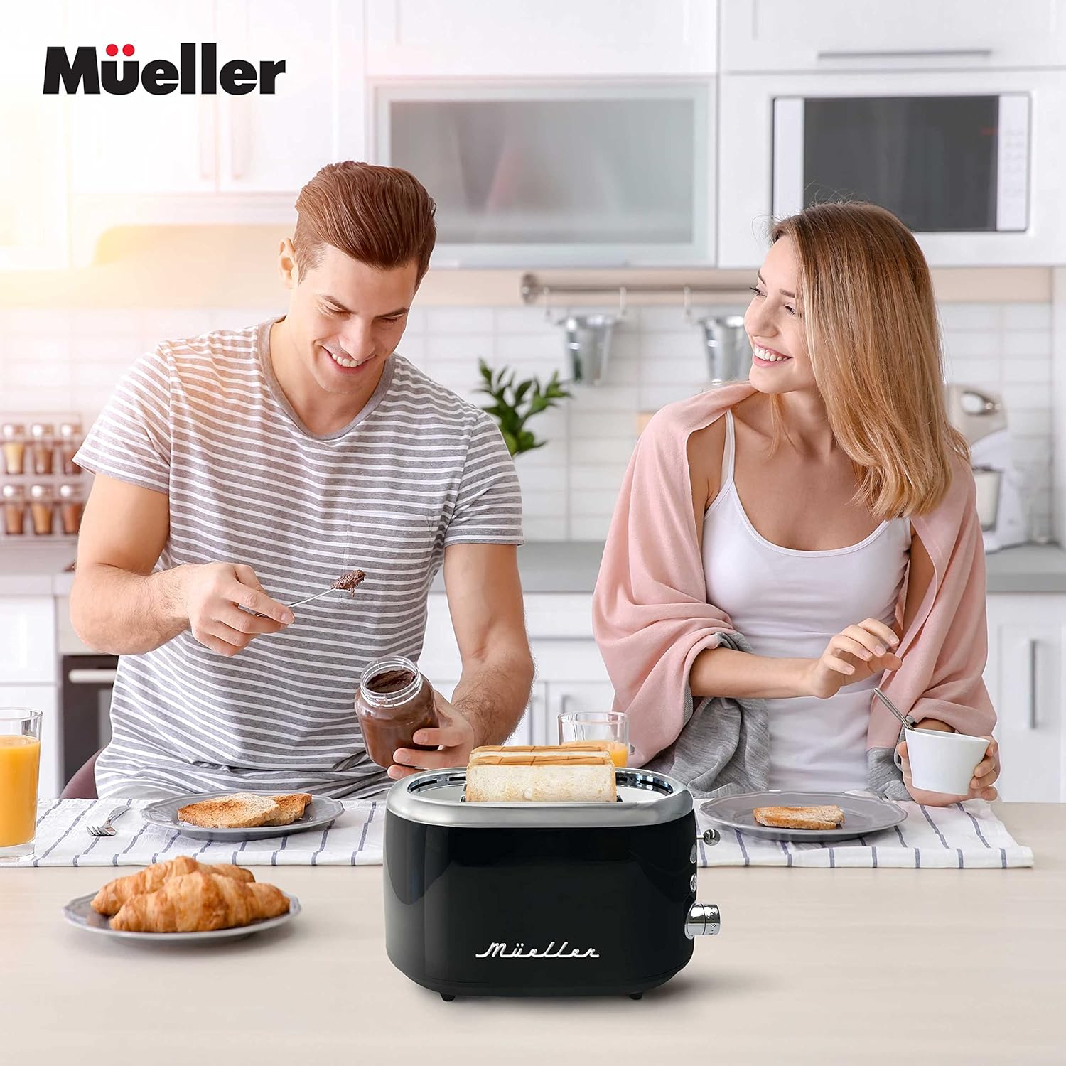 MUELLER HOME Retro Toaster - 2 Slice with 7 Browning Levels & 3 Functions | Stainless Steel, Black
