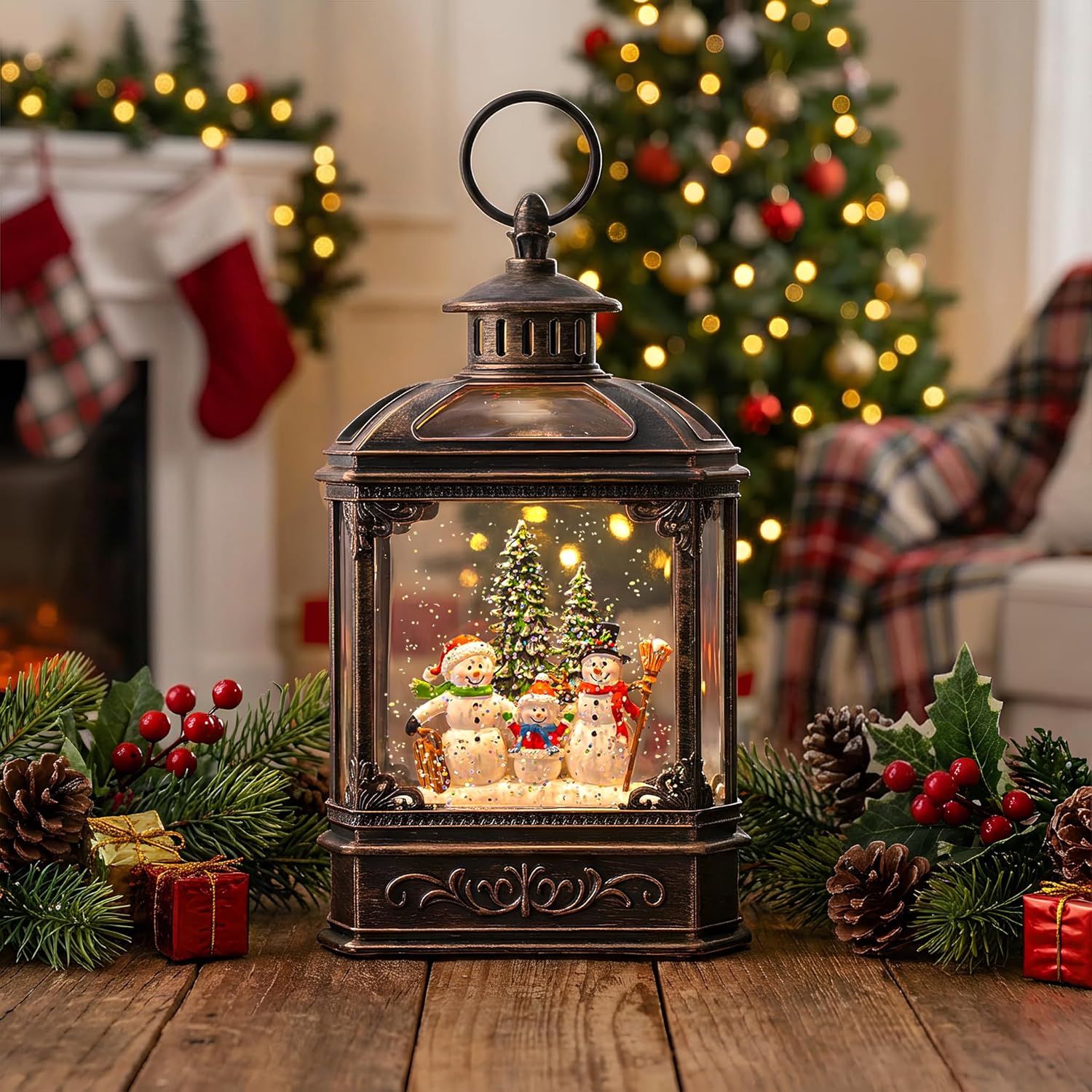 VISFLAIR Christmas Snow Globe - Lighted Snowman Family Musical Lantern with Swirling Glitter | Holiday Decor