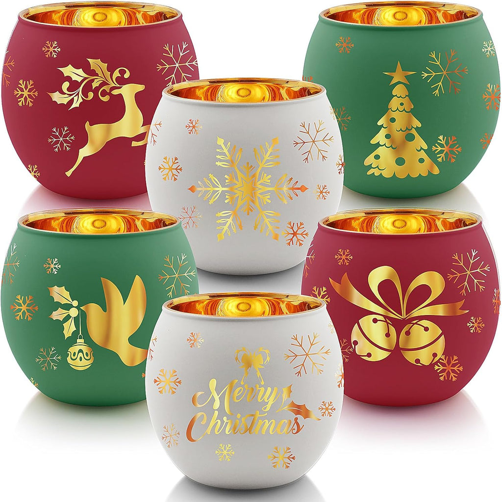 Skiennix Christmas Votive Candle Holder Set - 6 Red, Green & White Glass Tealight Holders with Laser Engraved Patterns for Festive Table Decor