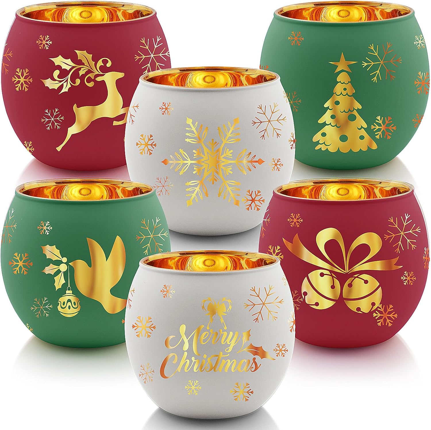 Skiennix Christmas Votive Candle Holder Set - 6 Red, Green & White Glass Tealight Holders with Laser Engraved Patterns for Festive Table Decor