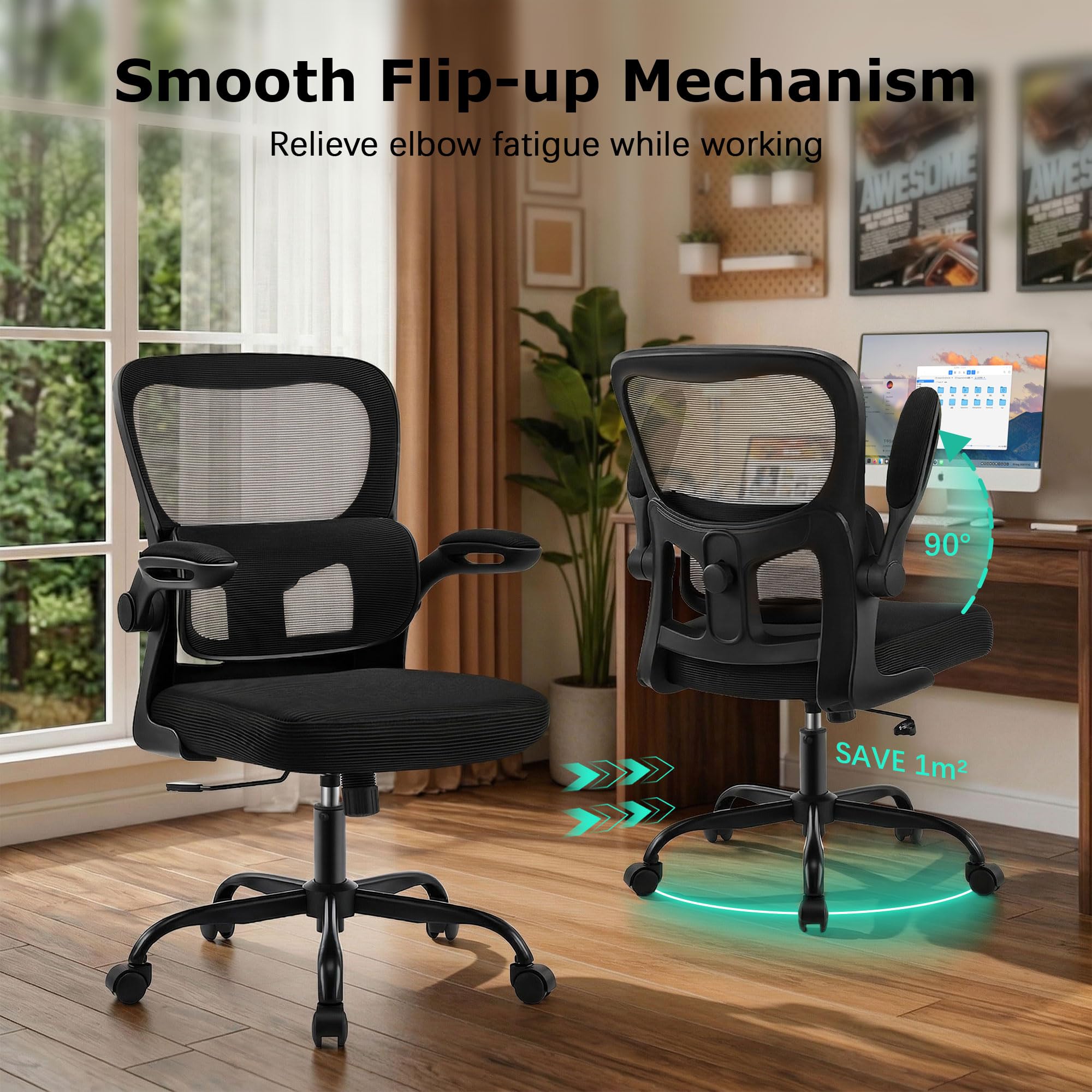 AreShark Office Chair Ergonomic Desk Chairs with Adjustable Lumbar Support, High Back Breathable Mesh Chair with Wheels& Flip-up Armrests,Rolling Swivel Comfy Task Computer Chair for Home Work Gaming