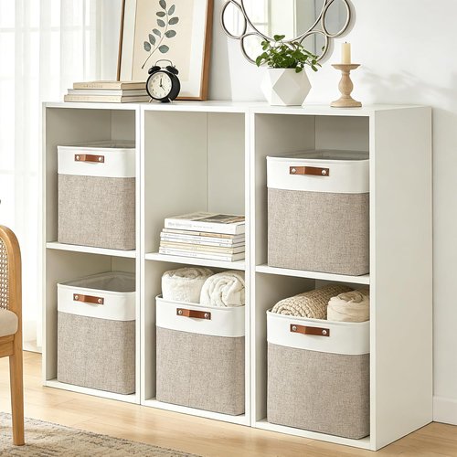 Bagnizer Large Fabric Storage Baskets - 50L Decorative Linen Bins with Handles for Organizing | Beige & White, 17x12x15 Inches