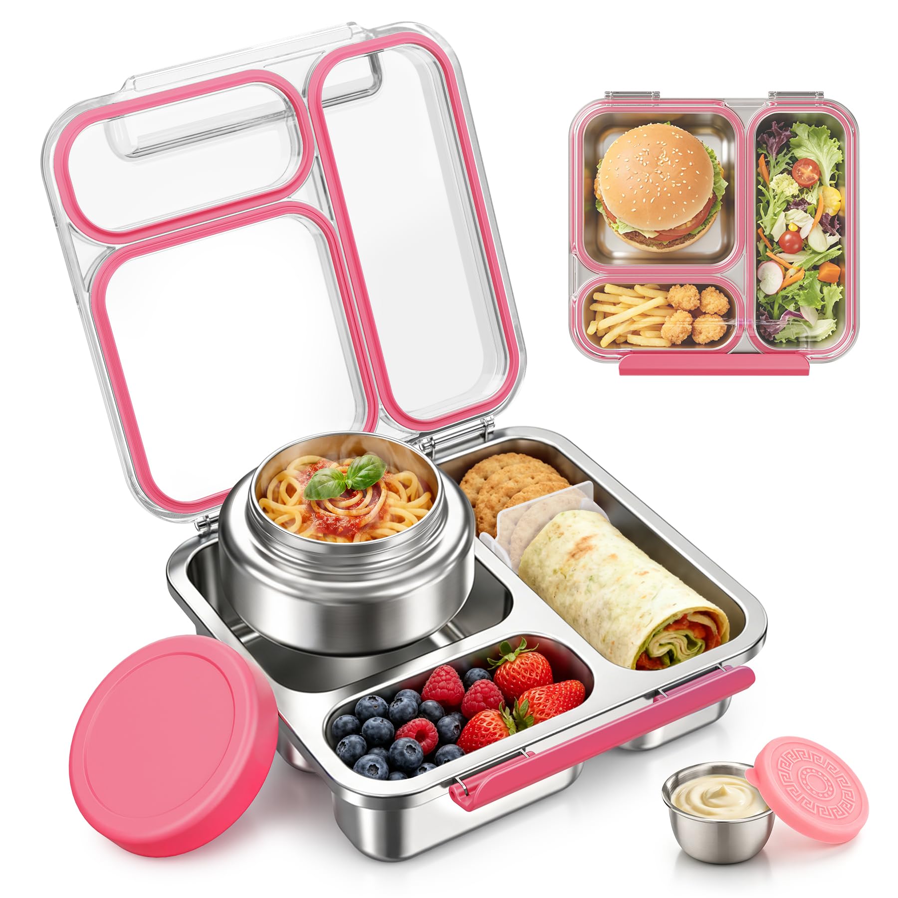 Pawtong Stainless Steel Bento Box Kids Adult with 7oz Insulated Food Jar, Transparent Lid Metal Lunch Box With Soup Thermal Jar, Lunch Box Container with Removable Divider & Sauce Cup School (Pink)