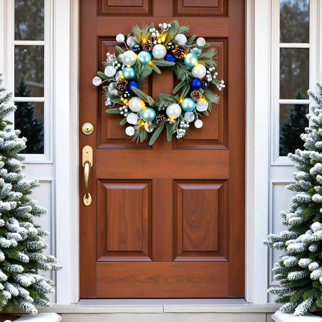 YULETIME 20-inch Christmas Wreath, Battery Operated Holiday Wreath with 20 Fairy Lights, Blue Baubles, Silvery Berries, Pine Cones, Silvery Leaves, Frosted Spruce Branches and Pine Needles (Blue)