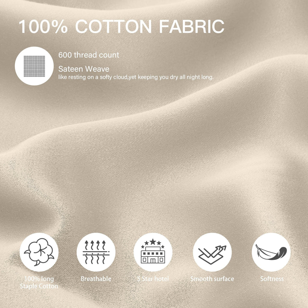 100% Cotton Standard Pillowcases Set of 2, Deep Dream 600 Thread Count Pillow Cases, 20x26 Inches, Super Soft and Breathable Envelope Closure (Cream)