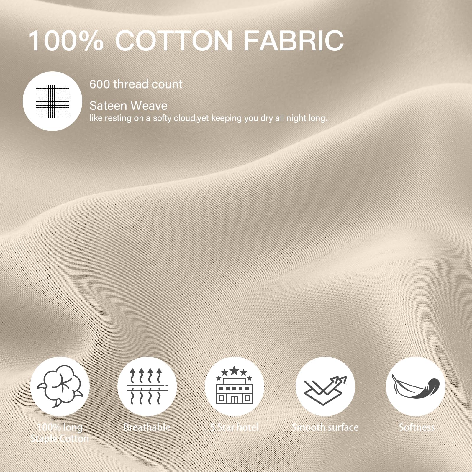 100% Cotton Standard Pillowcases Set of 2, Deep Dream 600 Thread Count Pillow Cases, 20x26 Inches, Super Soft and Breathable Envelope Closure (Cream)