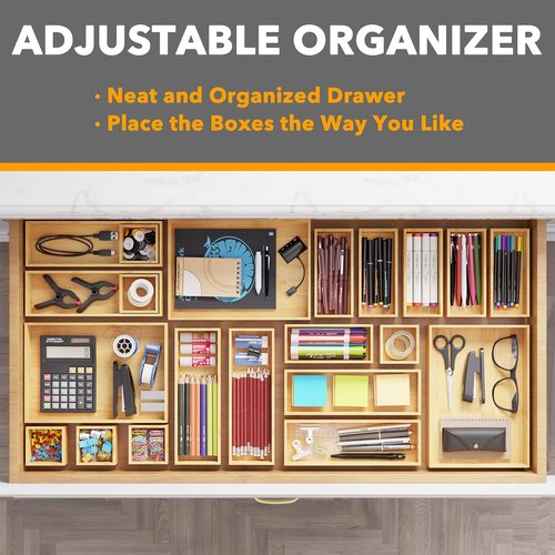 SpaceAid 21-Piece Bamboo Drawer Organizer Storage Boxes Set, Wood Tray Junk Drawer Organizers Multi-Use Divider Bins for Kitchen, Bathroom, Office Desk and Makeup Organization (21 Pack, Natural)