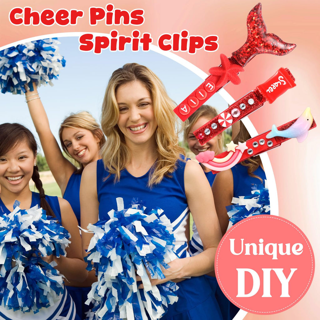 Youyole 50 Sets Cheer Pins Spirit Clips Include Wooden Clothes Pins Mini Resin Animals Bows Beads Letters Self Adhesive Stickers Pen for Cheerleaders Backpacks Christmas Gifts DIY Craft (Red)