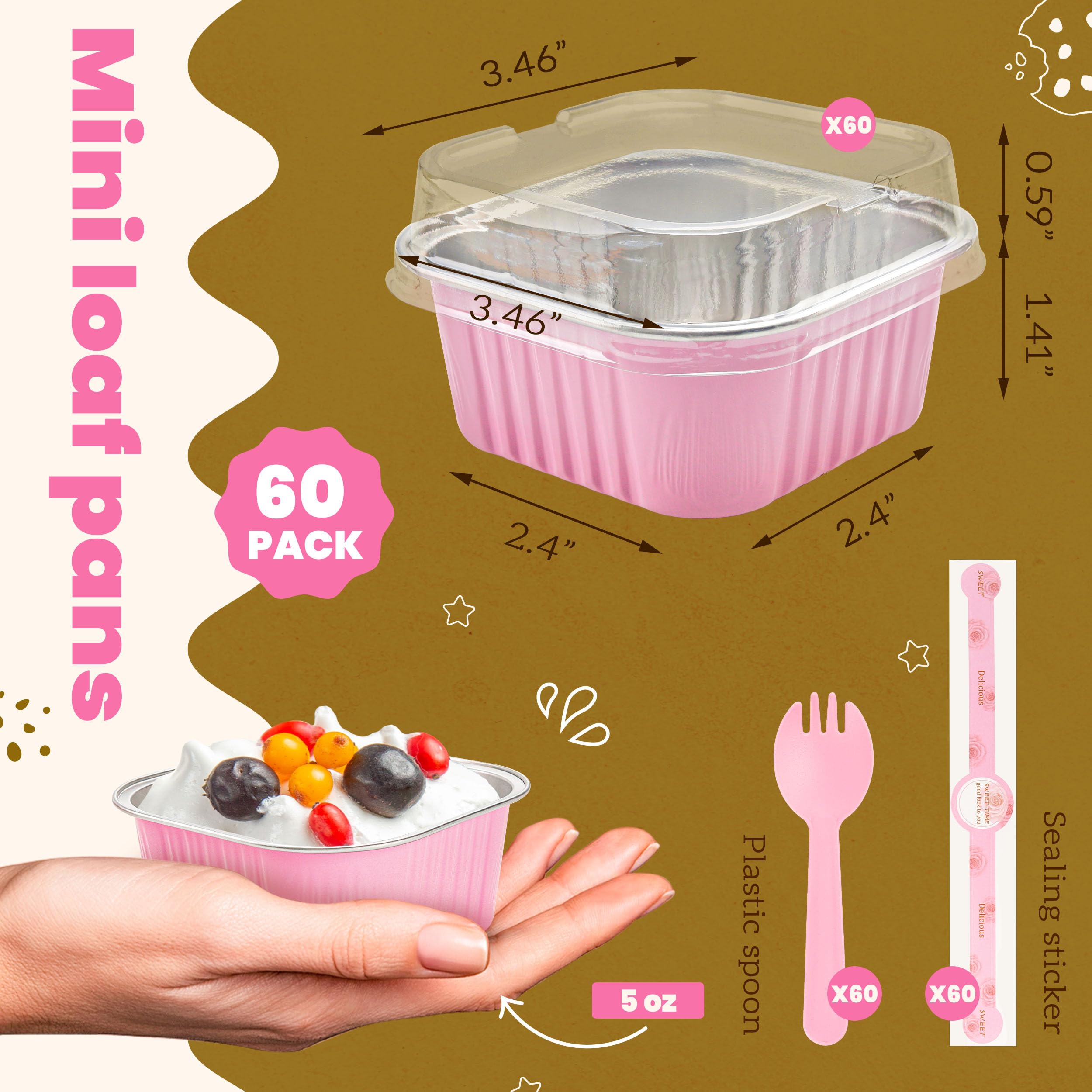NPLUX 60 Pack Mini Cake Pans with Lids Mini Aluminum Pans, Disposable Loaf Pans Cupcake Liners with Lids for Pudding, Souffle, Party, Wedding, Mothers Day Party Favors(Pink, 5 oz)