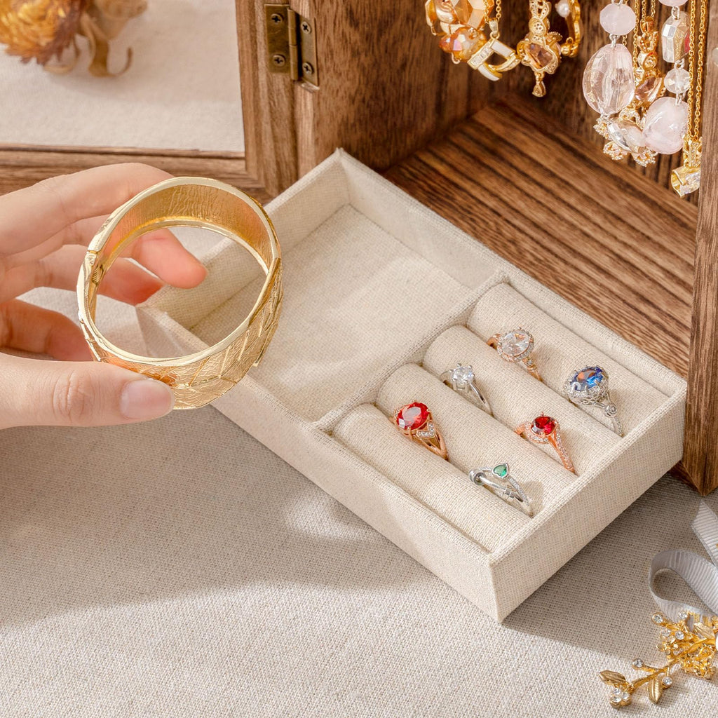 SINGLBA Necklace Holder Organizer, Wooden Jewelry Box for Women Girls, Rotatable Jewelry Organizer Case with Ring Tray Display & Storage for Necklaces Bracelets Rings Earrings, Gifts for Women Her