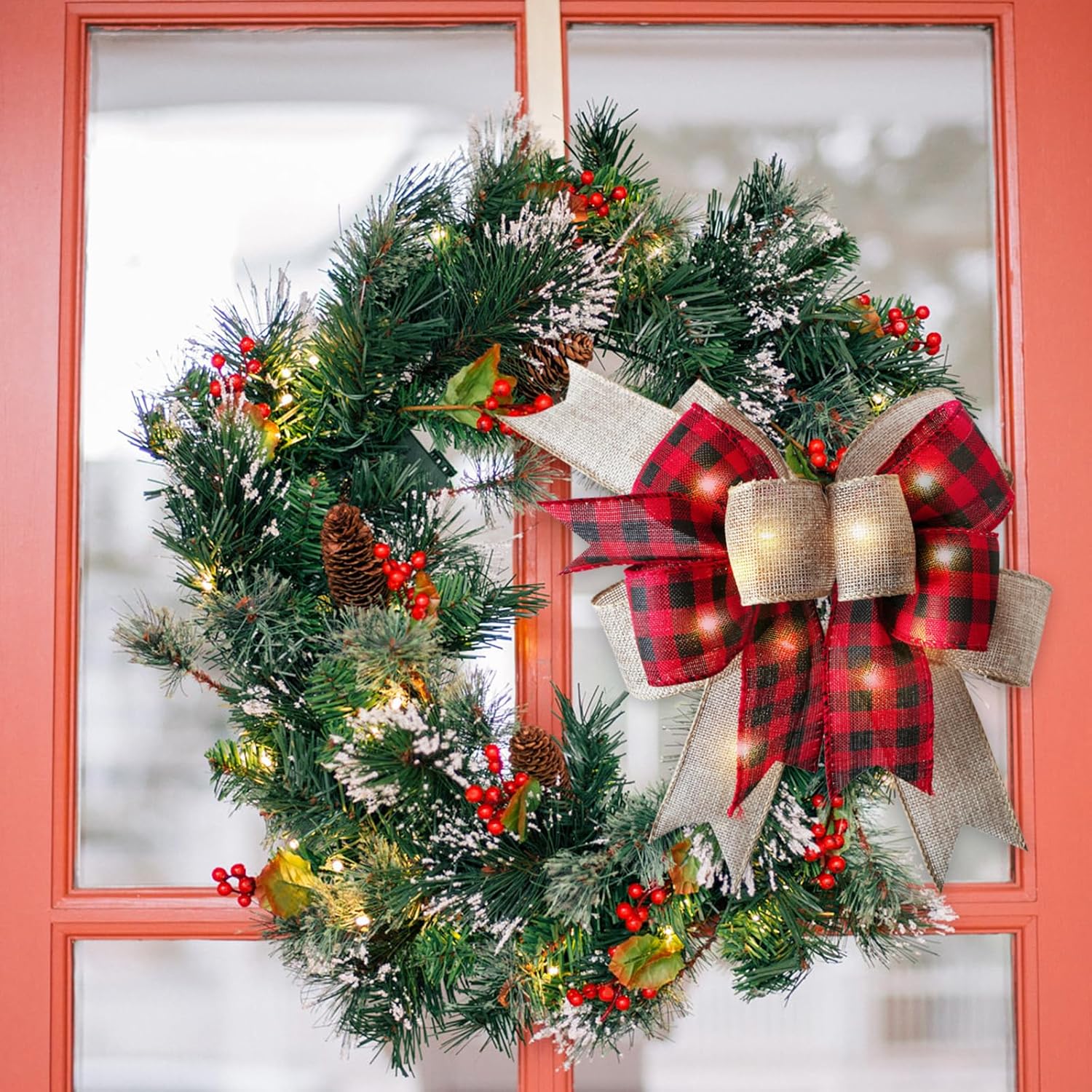 SIMISI Ribbon LED Christmas Bow - Rustic Buffalo Plaid Burlap with Lights | 9.5 x 13 Inch