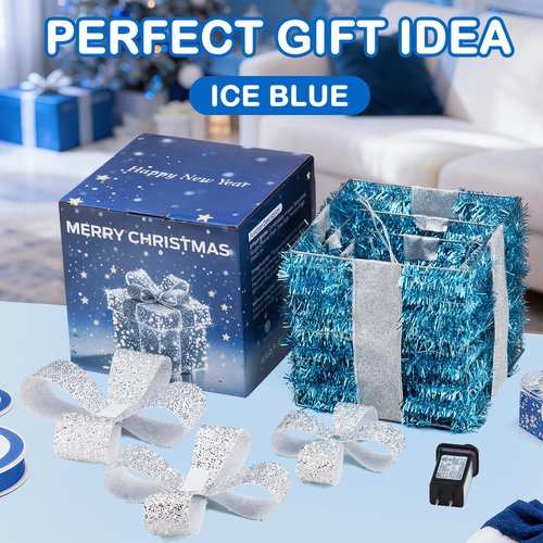 Blue Christmas Decorations, 140 LEDs Set of 3 Lighted Gift Boxes with 8 Modes, Bows, Timer, Warm White Present Boxes for Indoor Outdoor Holiday Party Yard Bedroom Home Xmas Decor
