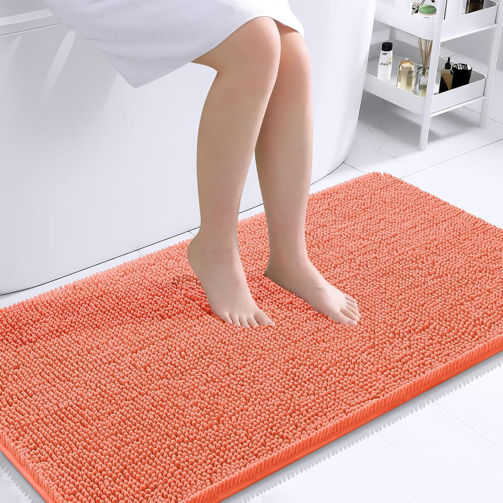 OLANLY Bathroom Runner Rugs - Extra Soft Chenille Bath Mats | Quick Dry, Machine Washable, 44x24, Coral
